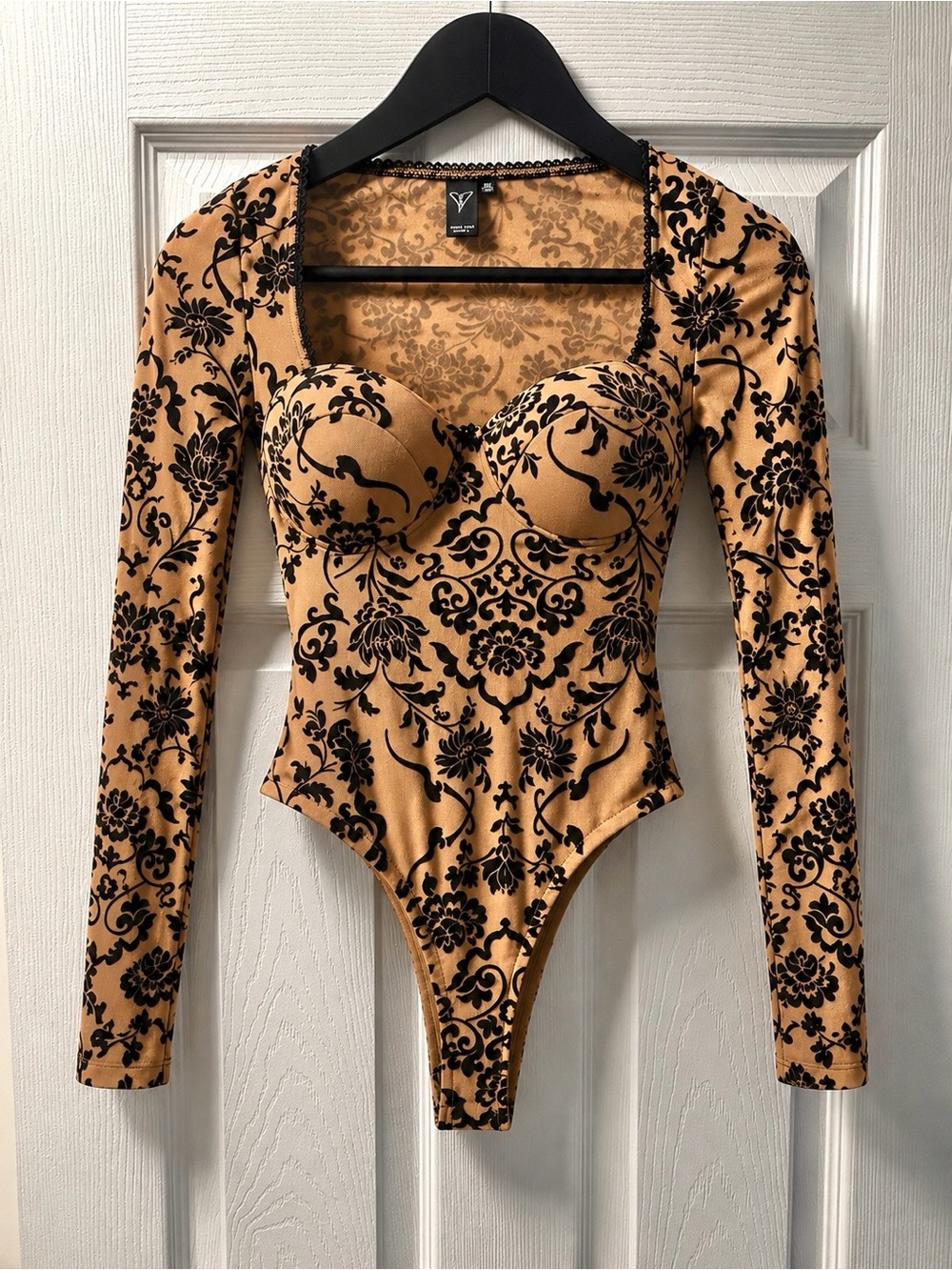 Windsor Tan Velvet Bodysuit with Black Flocked Floral